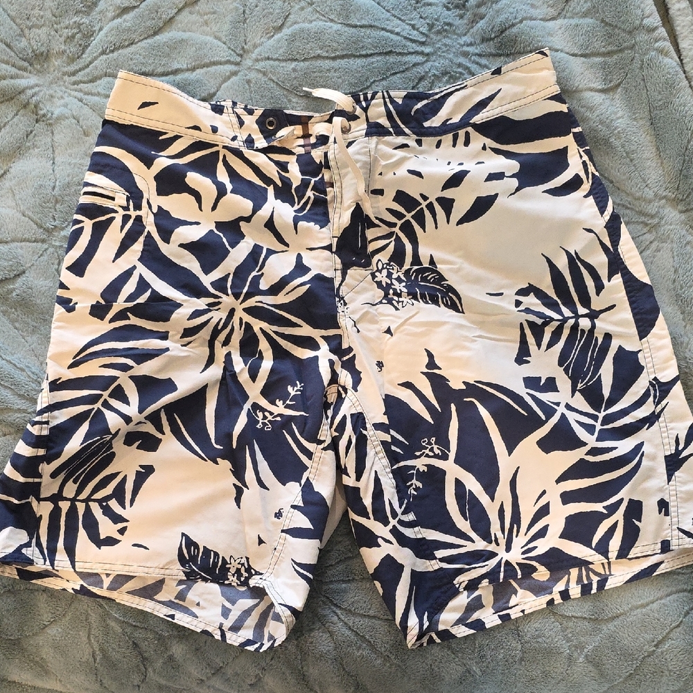 Patagonia Blue and White Hybrid Shorts with Tropical Print